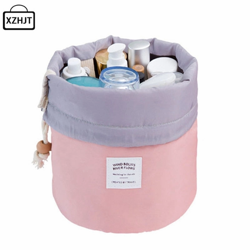 Fashion Barrel Shaped Travel Cosmetic Bag Make Up Bag Drawstring Elegant Drum Wash Kit Bags