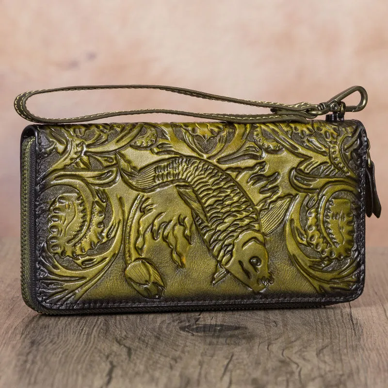 Floral Carp Tan Leather Wristlet Wallets Womens Zip Around Wallet Floral Ladies Zipper Clutch Wallets for Women