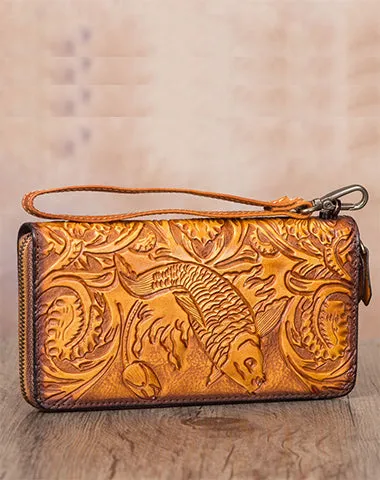 Floral Carp Tan Leather Wristlet Wallets Womens Zip Around Wallet Floral Ladies Zipper Clutch Wallets for Women