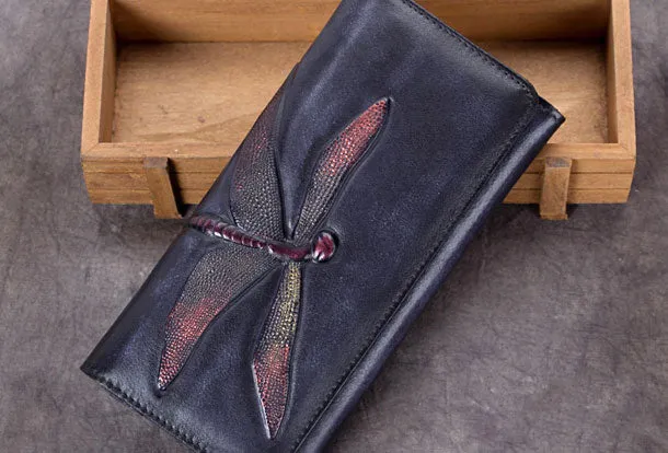 Genuine Leather Wallet Long Dragonfly Wallet Purse For Men Women