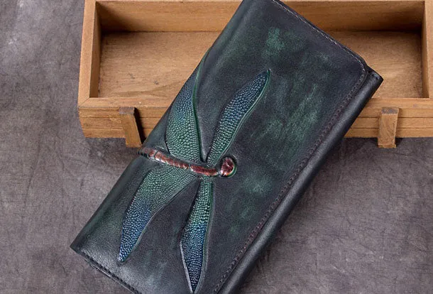 Genuine Leather Wallet Long Dragonfly Wallet Purse For Men Women
