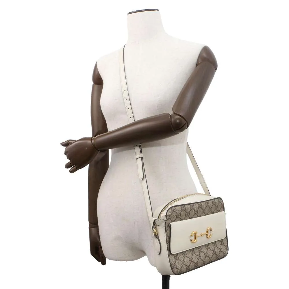 GUCCI GG Supreme Horsebit Shoulder Bag Beige/White 645454 PVC Leather Size Small
