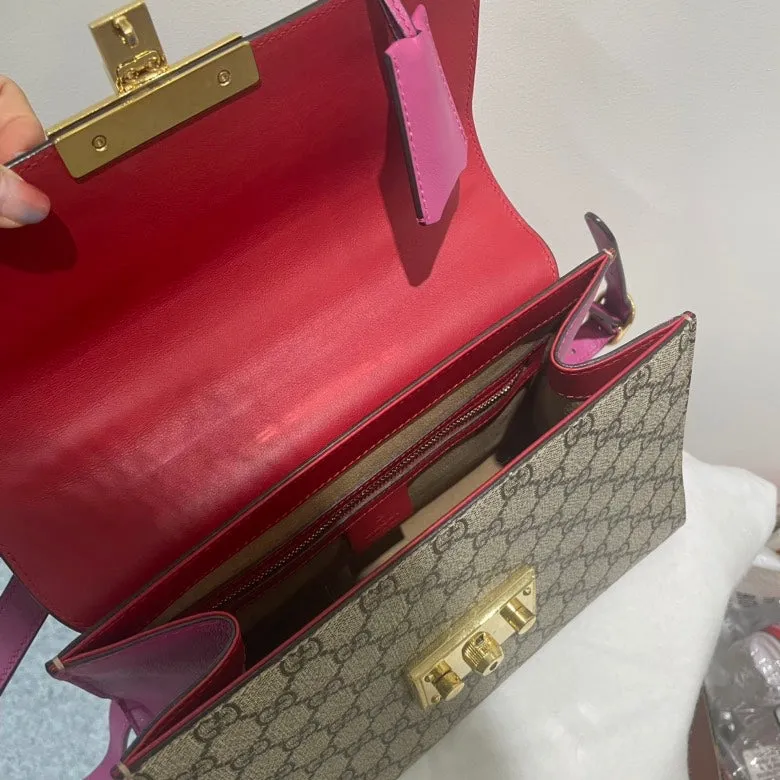 Gucci GG Supreme Padlock Top Handle Shoulder Bag,Red & Beige