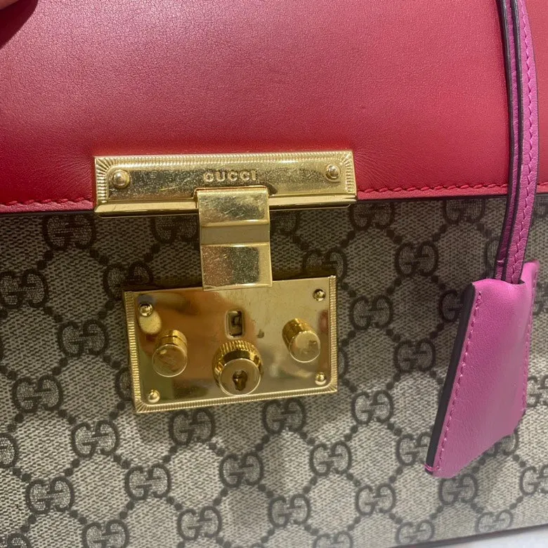 Gucci GG Supreme Padlock Top Handle Shoulder Bag,Red & Beige