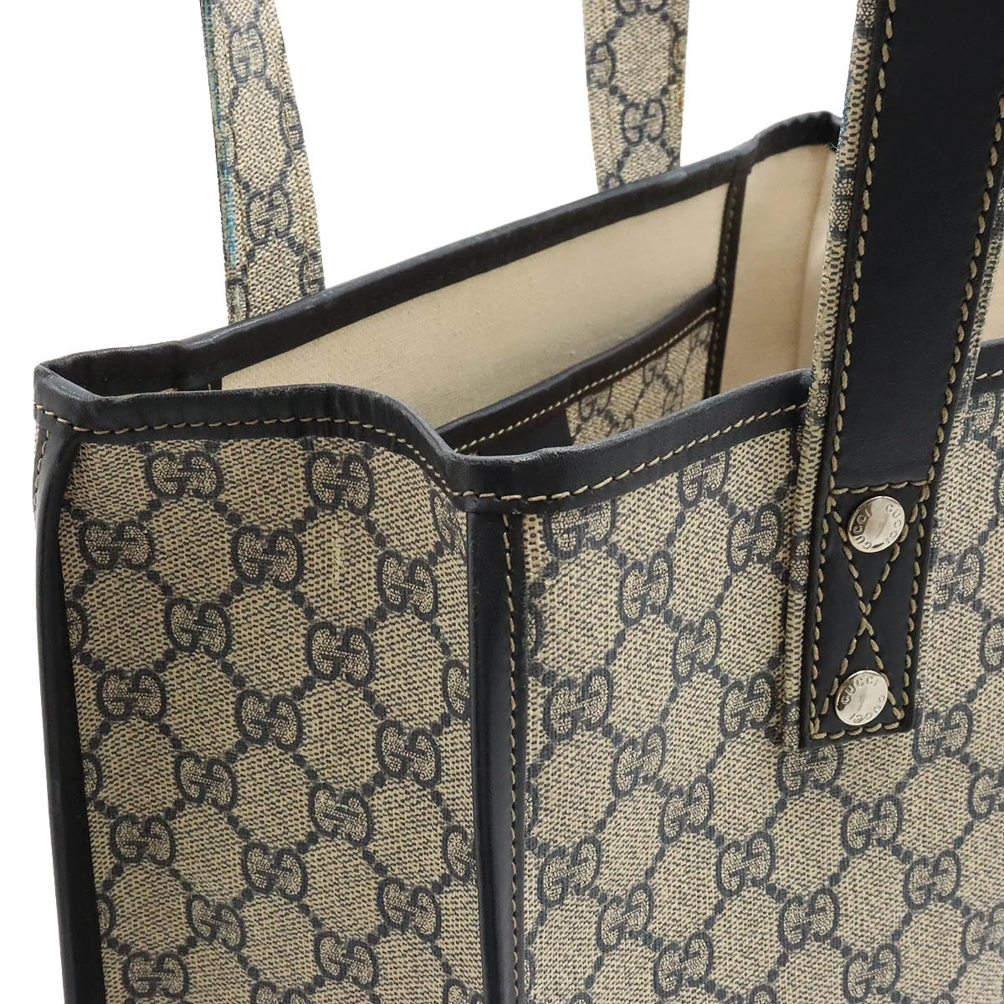 GUCCI GG Supreme Plus Sherry Line Tote Bag Shoulder PVC Leather Beige Navy 211135