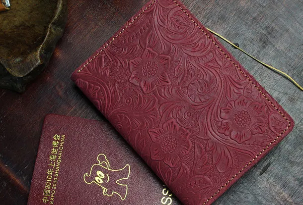 Handmade billfold Leather Wallet Floral Leather billfold Passport Wallet Purse For Men Women