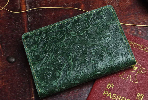 Handmade billfold Leather Wallet Floral Leather billfold Passport Wallet Purse For Men Women