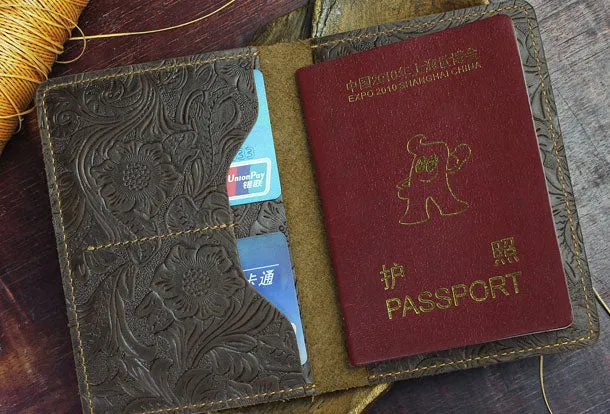 Handmade billfold Leather Wallet Floral Leather billfold Passport Wallet Purse For Men Women