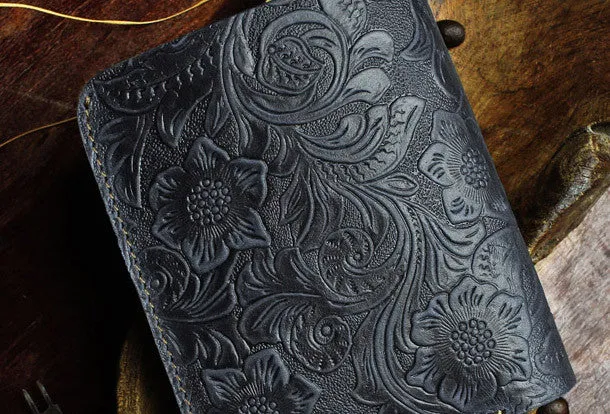 Handmade billfold leather wallet flowral leather billfold wallet for men women