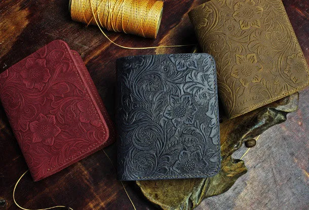 Handmade billfold leather wallet flowral leather billfold wallet for men women