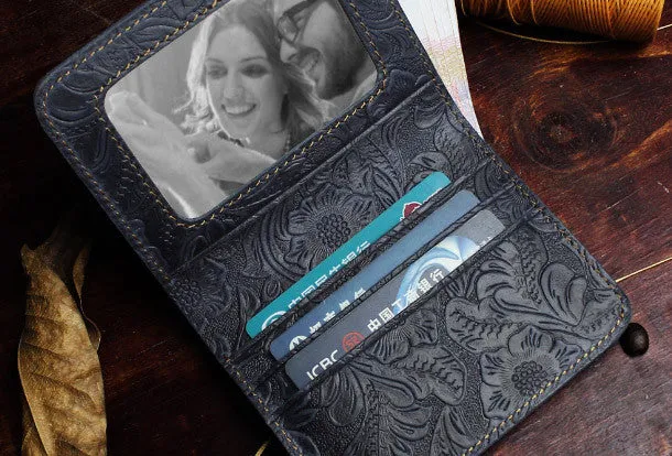 Handmade billfold leather wallet flowral leather billfold wallet for men women