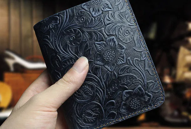 Handmade billfold leather wallet flowral leather billfold wallet for men women