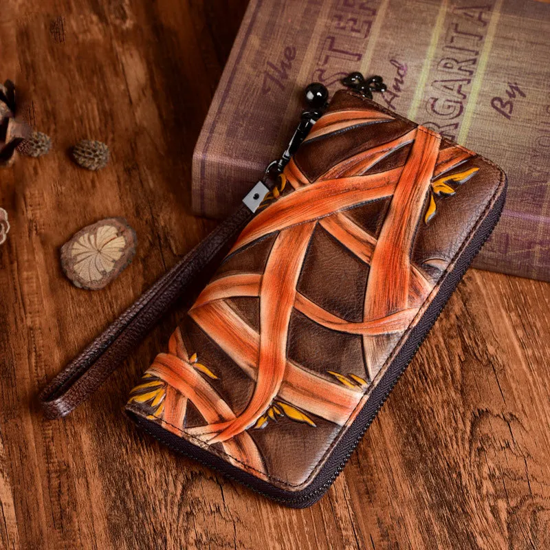 Handmade Bracketplant Black Leather Wristlet Wallet Womens Zip Around Wallets Flowers Ladies Zipper Clutch Wallet for Women