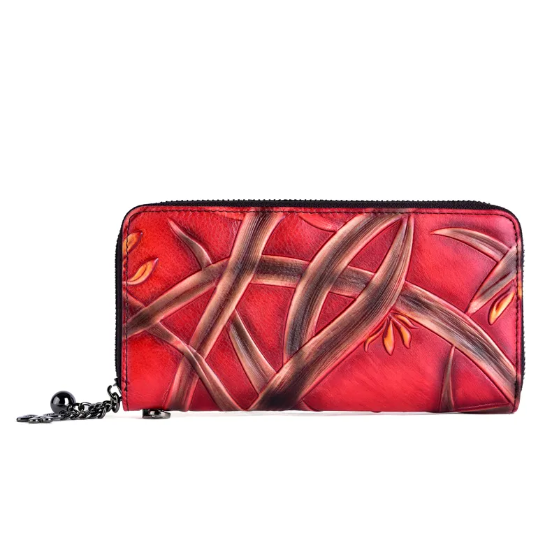 Handmade Bracketplant Black Leather Wristlet Wallet Womens Zip Around Wallets Flowers Ladies Zipper Clutch Wallet for Women