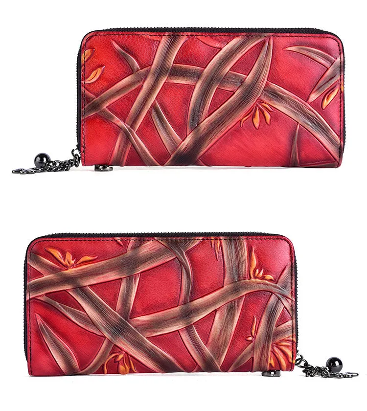 Handmade Bracketplant Black Leather Wristlet Wallet Womens Zip Around Wallets Flowers Ladies Zipper Clutch Wallet for Women