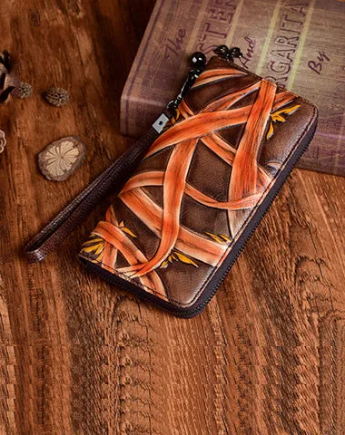 Handmade Bracketplant Black Leather Wristlet Wallet Womens Zip Around Wallets Flowers Ladies Zipper Clutch Wallet for Women