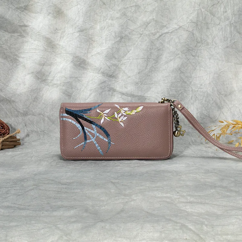 Handmade Embroidery Gray Leather Orchids Wristlet Wallet Womens Zip Around Wallets Flowers Orchids Ladies Zipper Clutch Wallet for Women