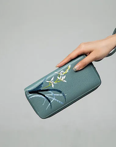 Handmade Embroidery Gray Leather Orchids Wristlet Wallet Womens Zip Around Wallets Flowers Orchids Ladies Zipper Clutch Wallet for Women