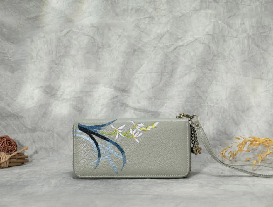 Handmade Embroidery Gray Leather Orchids Wristlet Wallet Womens Zip Around Wallets Flowers Orchids Ladies Zipper Clutch Wallet for Women