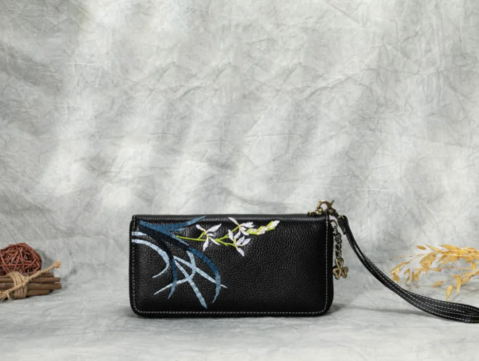 Handmade Embroidery Gray Leather Orchids Wristlet Wallet Womens Zip Around Wallets Flowers Orchids Ladies Zipper Clutch Wallet for Women
