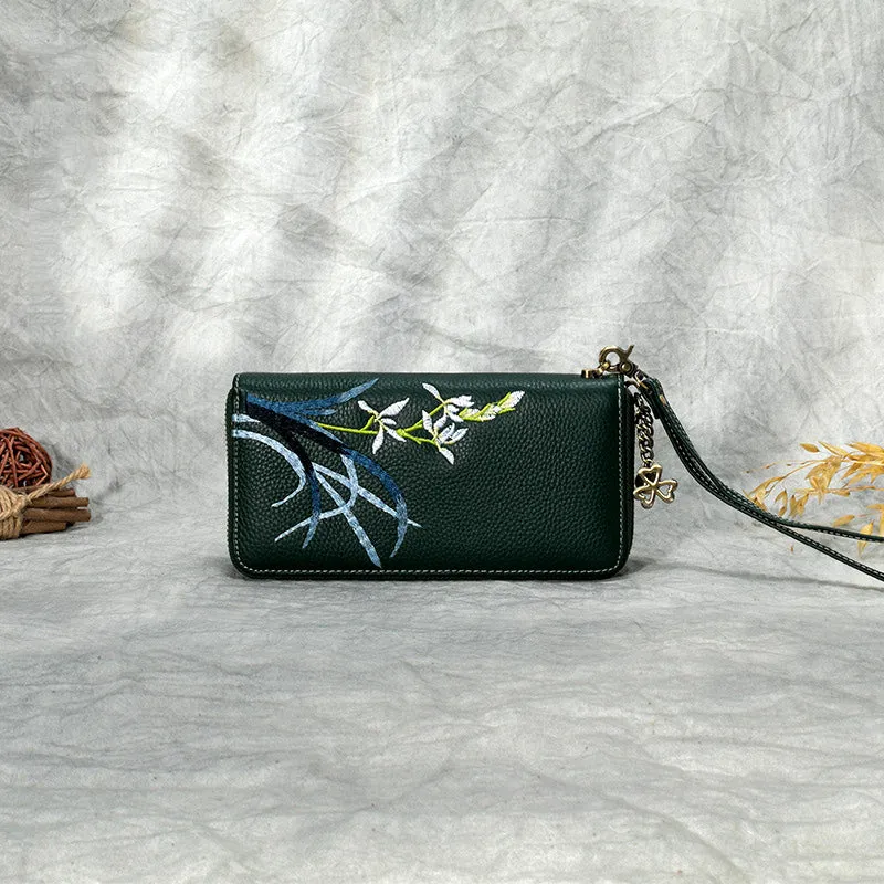 Handmade Embroidery Gray Leather Orchids Wristlet Wallet Womens Zip Around Wallets Flowers Orchids Ladies Zipper Clutch Wallet for Women