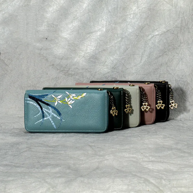 Handmade Embroidery Gray Leather Orchids Wristlet Wallet Womens Zip Around Wallets Flowers Orchids Ladies Zipper Clutch Wallet for Women