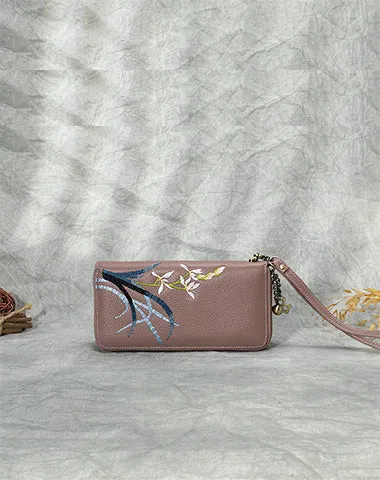 Handmade Embroidery Gray Leather Orchids Wristlet Wallet Womens Zip Around Wallets Flowers Orchids Ladies Zipper Clutch Wallet for Women