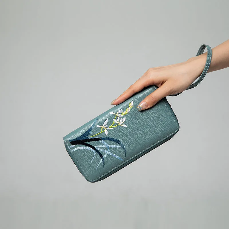 Handmade Embroidery Gray Leather Orchids Wristlet Wallet Womens Zip Around Wallets Flowers Orchids Ladies Zipper Clutch Wallet for Women