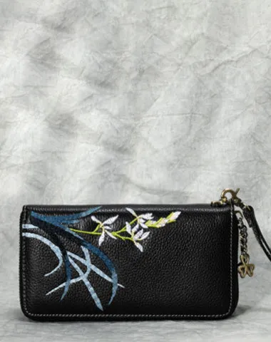 Handmade Embroidery Green Leather Orchids Wristlet Wallet Womens Zip Around Wallets Flowers Orchids Ladies Zipper Clutch Wallet for Women