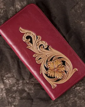 Handmade Floral Red Leather Wristlet Wallet Womens Zip Around Wallets Flowers Ladies Zipper Clutch Wallet for Women