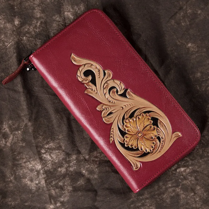 Handmade Floral Red Leather Wristlet Wallet Womens Zip Around Wallets Flowers Ladies Zipper Clutch Wallet for Women