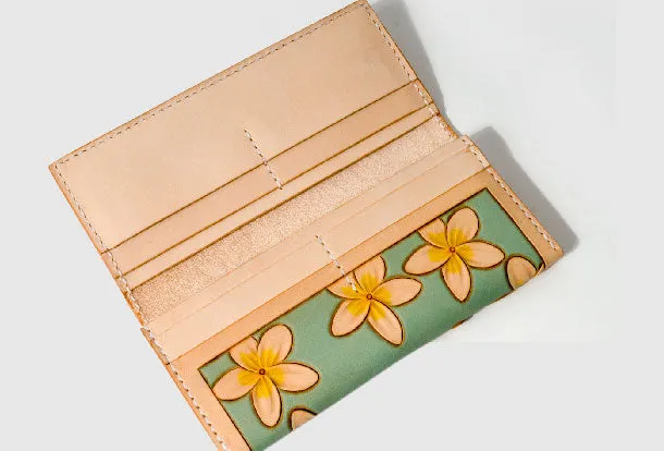 Handmade leather long clutch purse wallet floral cute wallet for women