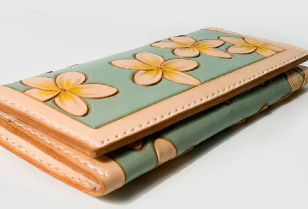 Handmade leather long clutch purse wallet floral cute wallet for women