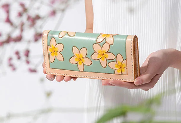Handmade leather long clutch purse wallet floral cute wallet for women