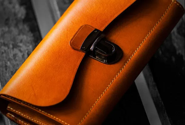 Handmade leather long clutch wallet coffee brown camel leather women men wallet