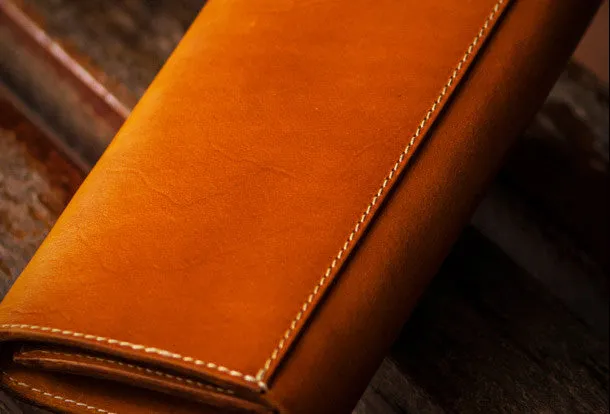 Handmade leather long clutch wallet coffee brown camel leather women men wallet