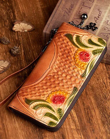 Handmade Leather Wristlet Wallet Womens Floral Zip Around Wallets Flowers Ladies Zipper Clutch Wallet for Women