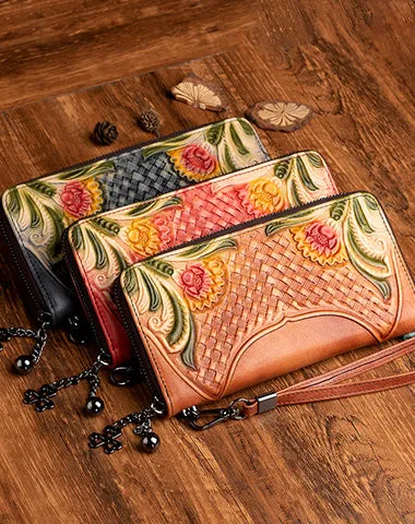 Handmade Leather Wristlet Wallet Womens Floral Zip Around Wallets Flowers Ladies Zipper Clutch Wallet for Women