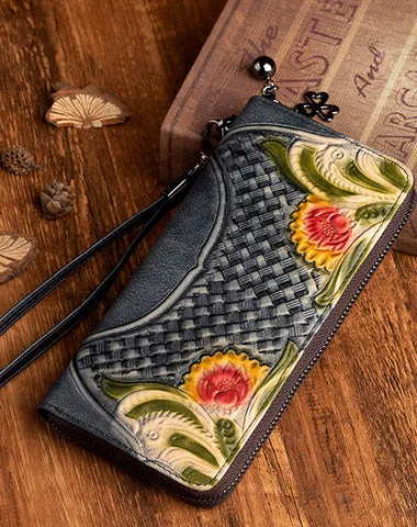 Handmade Leather Wristlet Wallet Womens Floral Zip Around Wallets Flowers Ladies Zipper Clutch Wallet for Women
