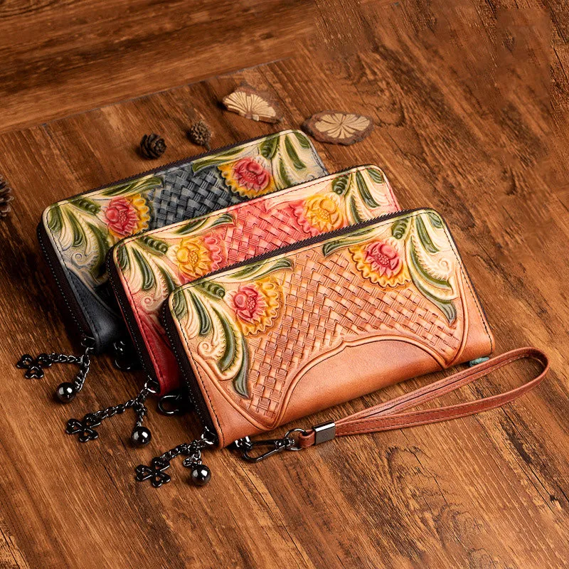 Handmade Leather Wristlet Wallet Womens Floral Zip Around Wallets Flowers Ladies Zipper Clutch Wallet for Women