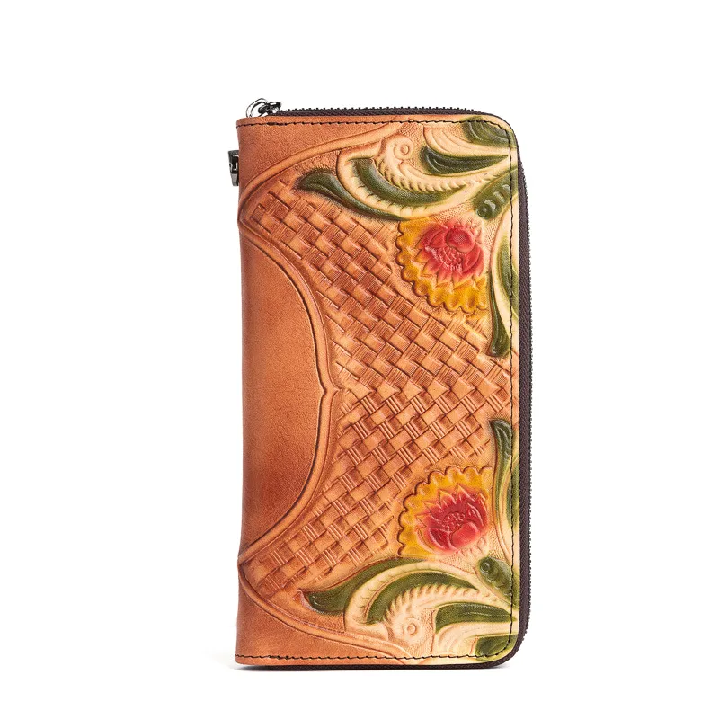 Handmade Leather Wristlet Wallet Womens Floral Zip Around Wallets Flowers Ladies Zipper Clutch Wallet for Women