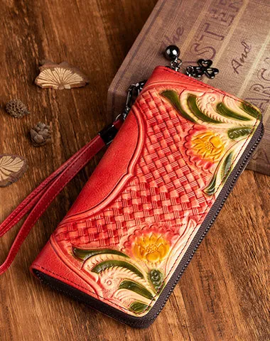 Handmade Leather Wristlet Wallet Womens Floral Zip Around Wallets Flowers Ladies Zipper Clutch Wallet for Women