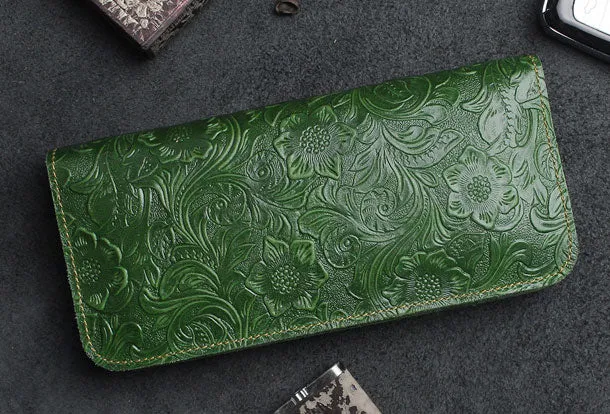 Handmade Long Leather Wallet Bifold Floral Leather Clutch Magnetic Button Wallet For Men Women