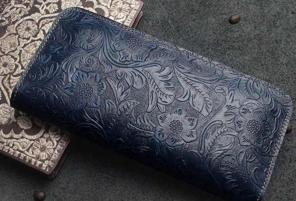 Handmade Long Leather Wallet Bifold Floral Leather Clutch Magnetic Button Wallet For Men Women