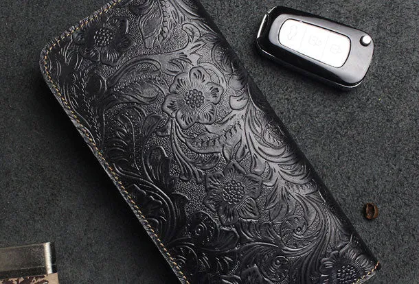 Handmade Long Leather Wallet Bifold Floral Leather Clutch Magnetic Button Wallet For Men Women