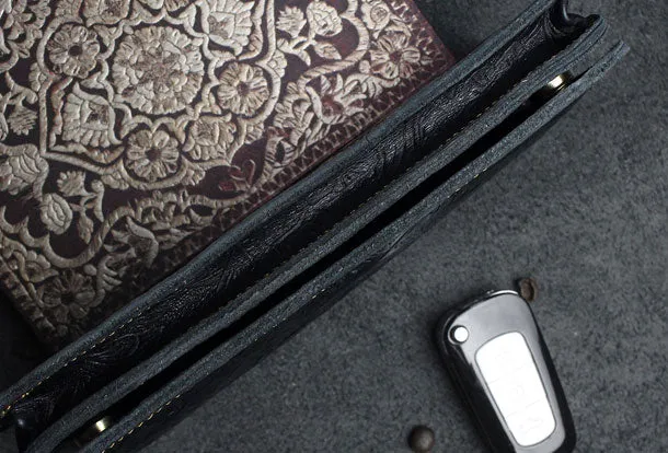 Handmade Long Leather Wallet Bifold Floral Leather Clutch Magnetic Button Wallet For Men Women
