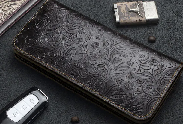Handmade Long Leather Wallet Bifold Floral Leather Clutch Magnetic Button Wallet For Men Women