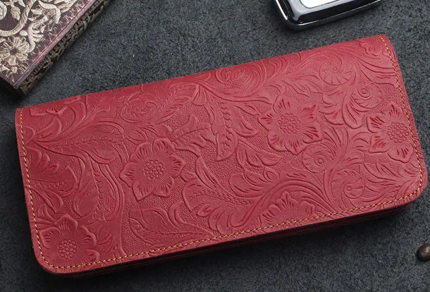 Handmade Long Leather Wallet Bifold Floral Leather Clutch Magnetic Button Wallet For Men Women