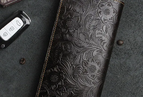 Handmade Long Leather Wallet Bifold Floral Leather Clutch Magnetic Button Wallet For Men Women