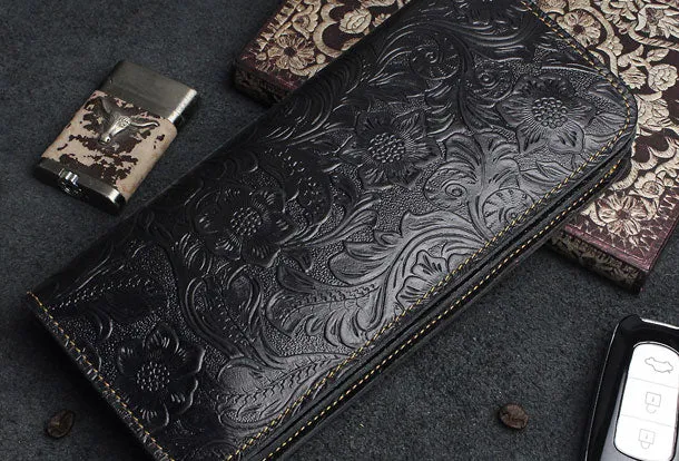 Handmade Long Leather Wallet Bifold Floral Leather Clutch Magnetic Button Wallet For Men Women